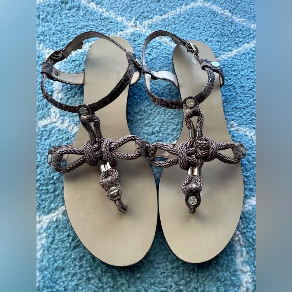 Women’s Calvin Klein Taupe Snake Skin Knotted Rope Toe-Post Sandals
